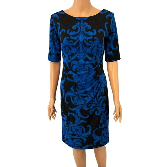 connected apparel ruched dress Connected Apparel Ruched Sheath Dress Womens Size 12 Red Black Stretch Damask